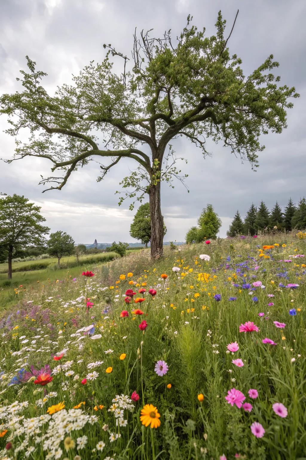Wildflower meadows create a natural, vibrant look around trees.
