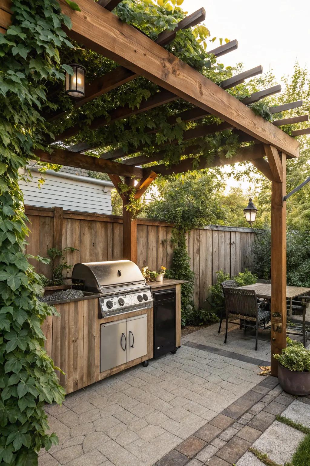 A grill station with a charming pergola adorned with climbing plants.