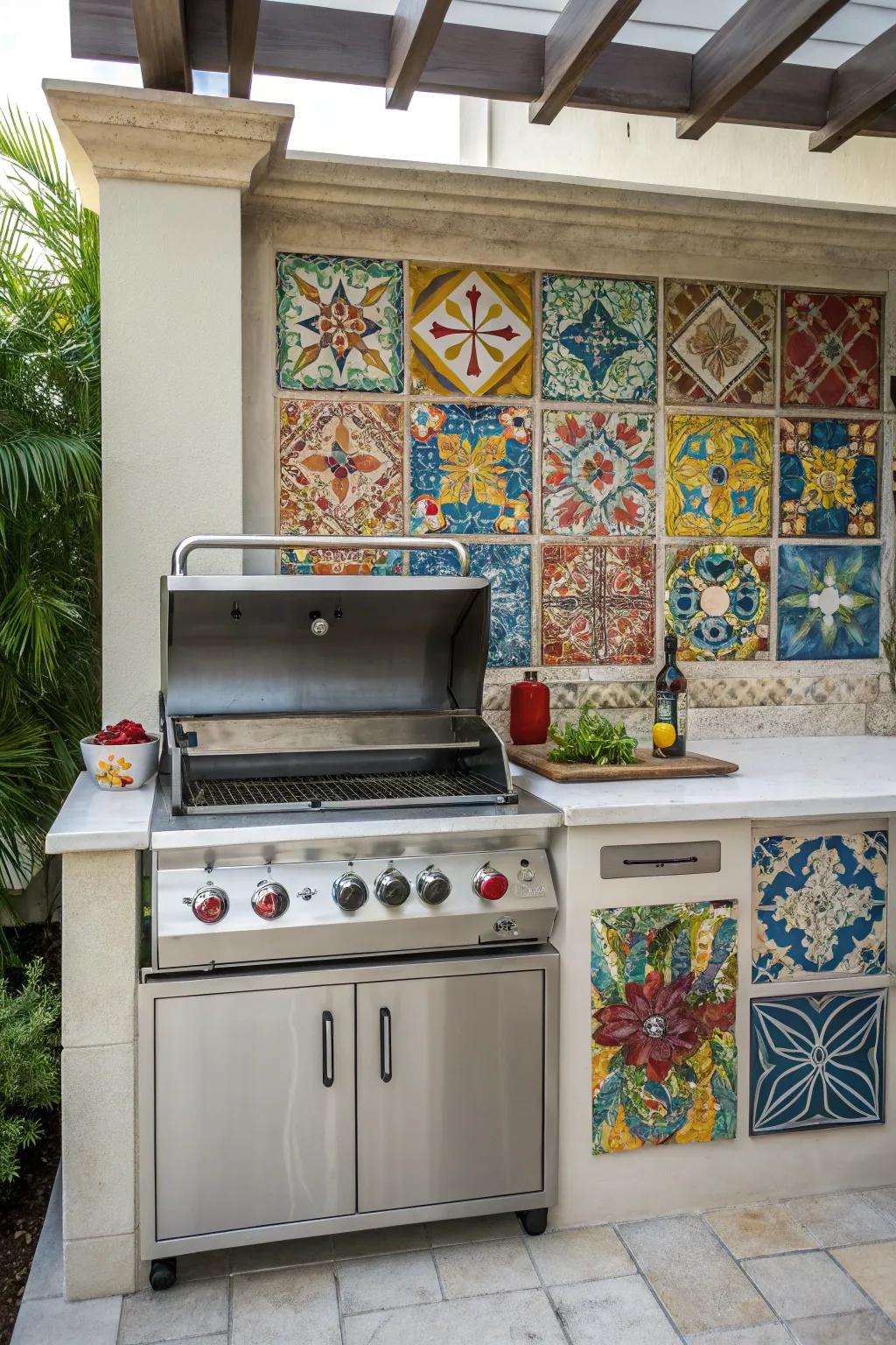 A vibrant grill station with colorful tile accents.