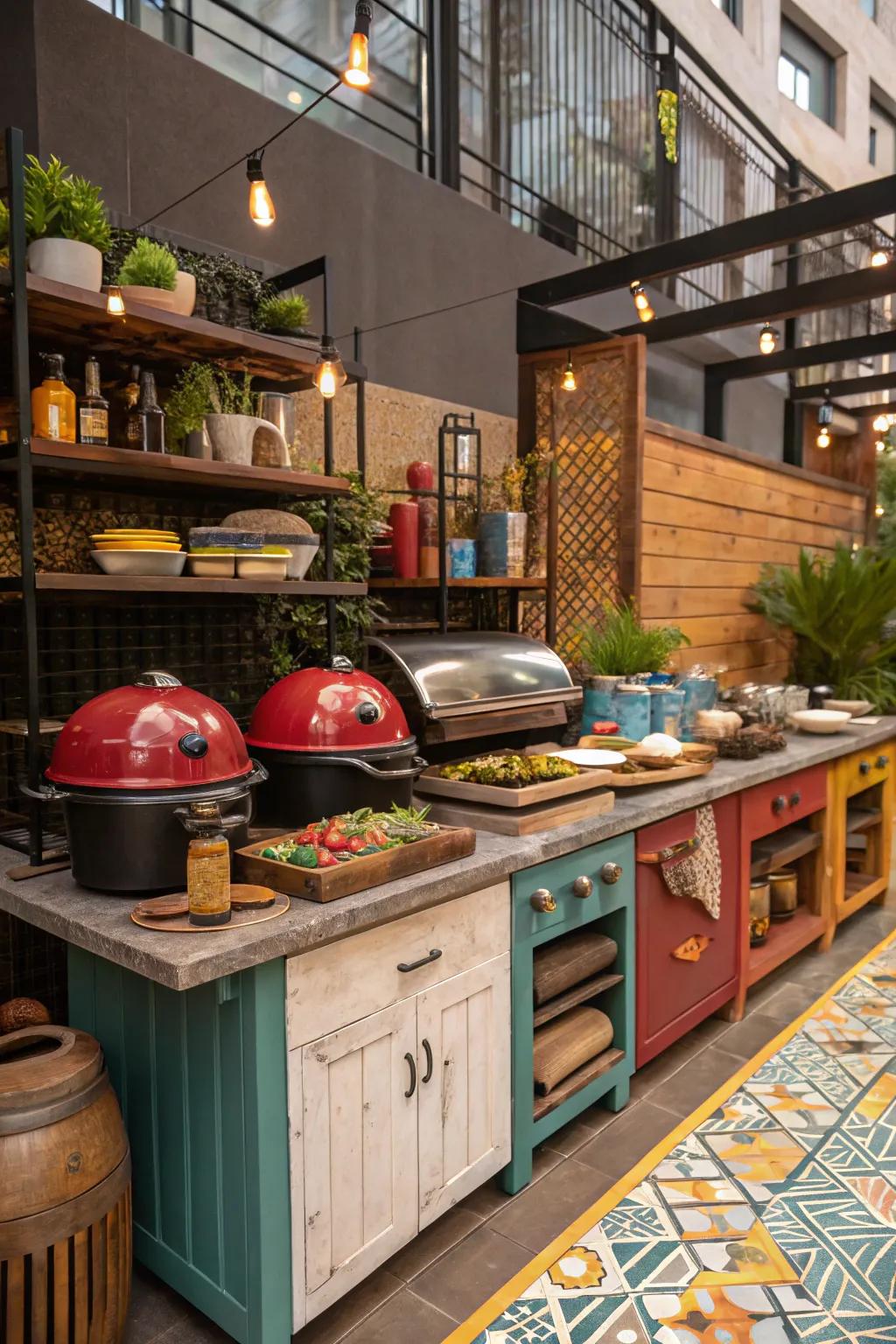 An eclectic grill station with a mix of different materials.