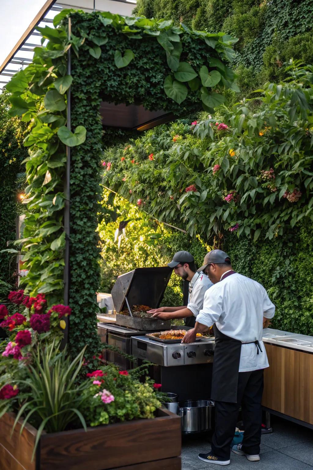 A grill station elegantly framed by vertical gardens.