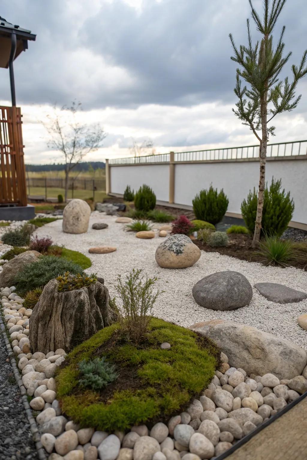 A miniature rock garden adding texture and grounding to the garden.