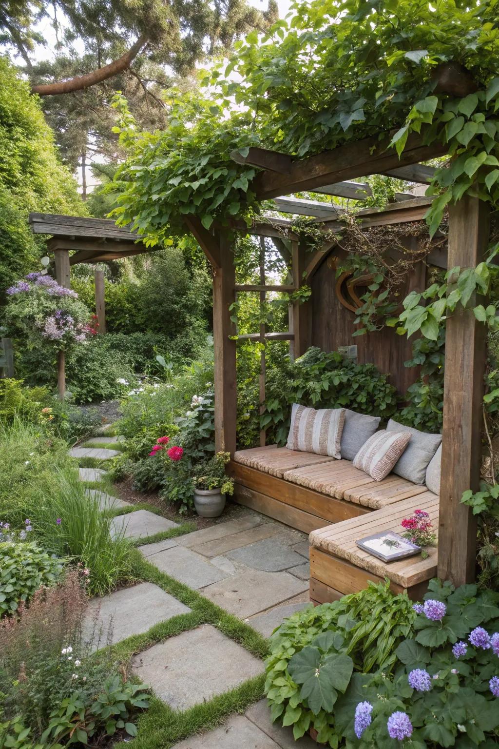 A cozy seating nook inviting relaxation in a small garden.