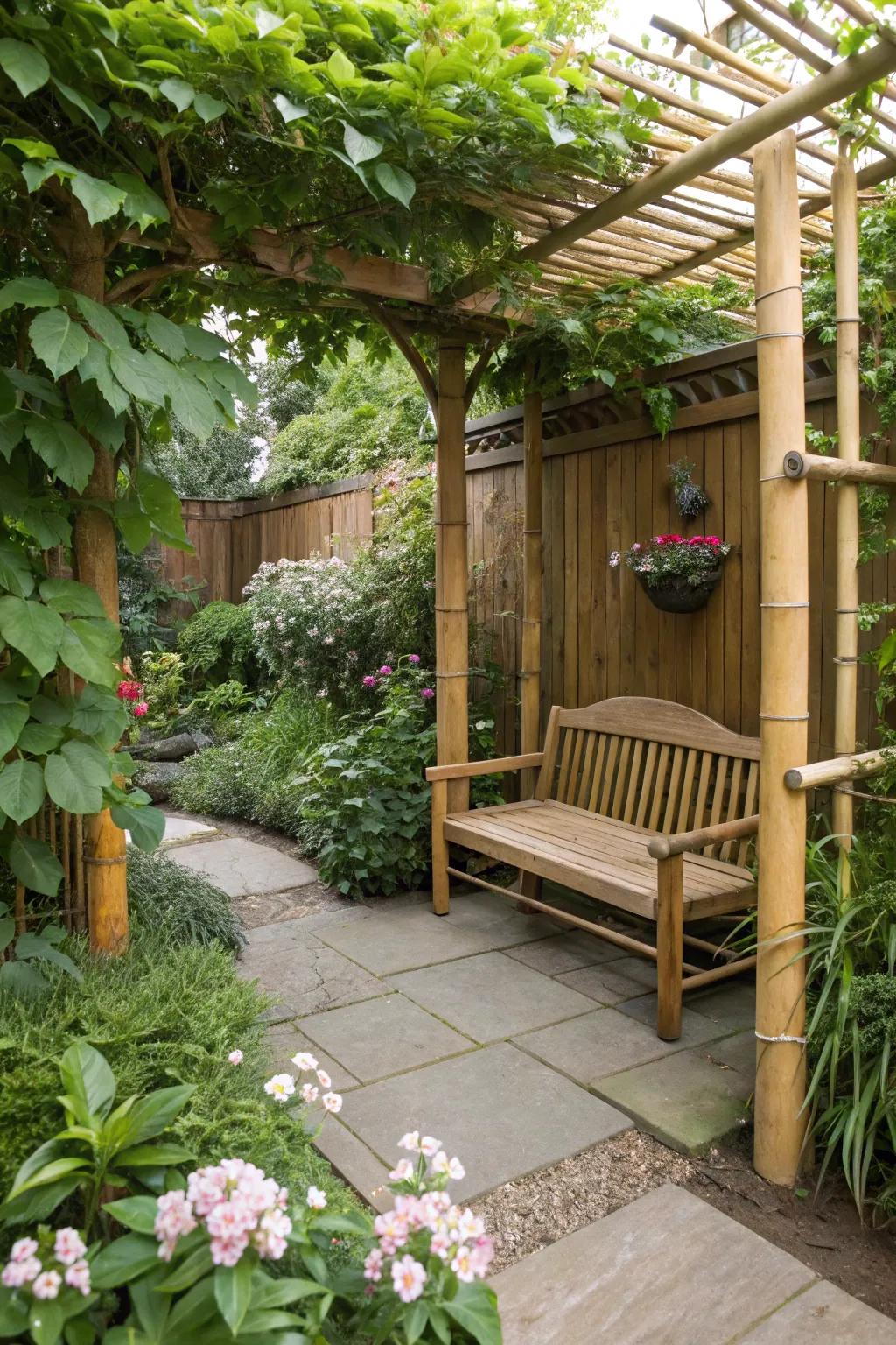 Natural materials like wood and bamboo enhancing harmony in a small garden.