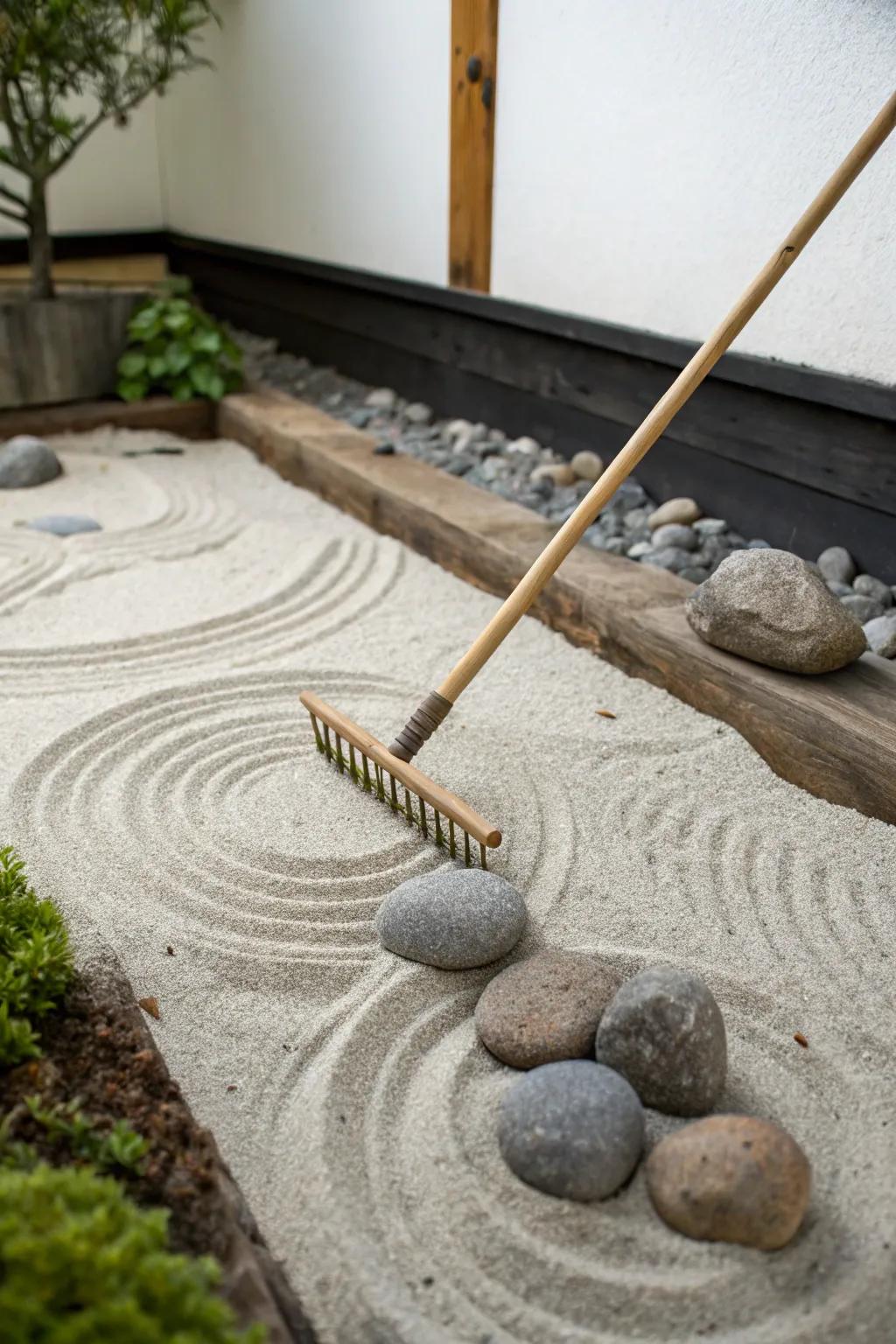 A tranquil Zen garden corner perfect for meditation and reflection.