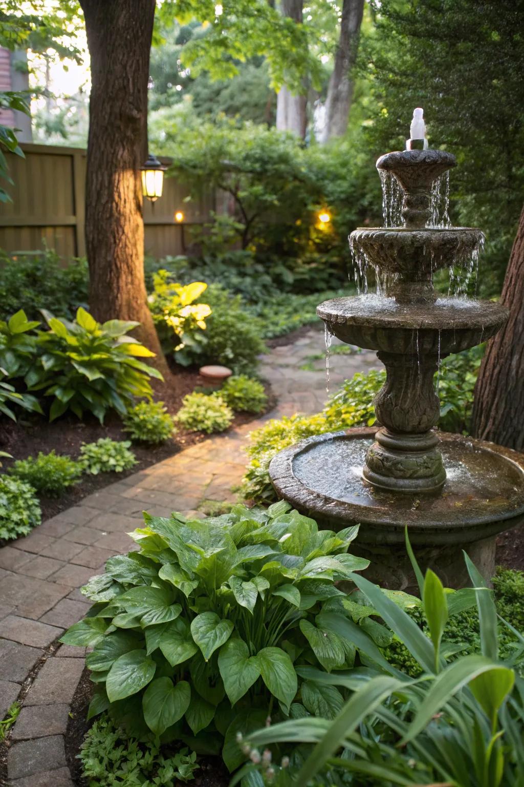 A charming miniature water fountain adding tranquility to a small garden.