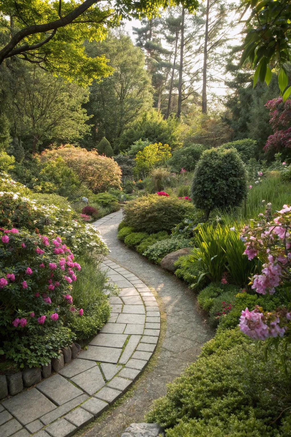 A gentle curved pathway leading through a lush, small garden.