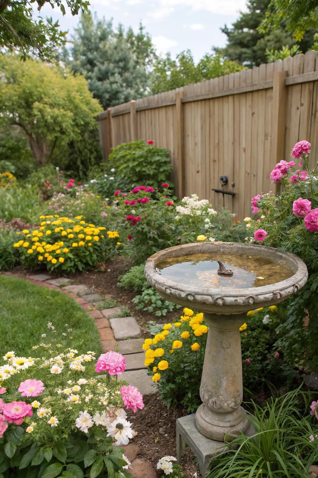 A bird bath inviting wildlife and positive energy into the garden.