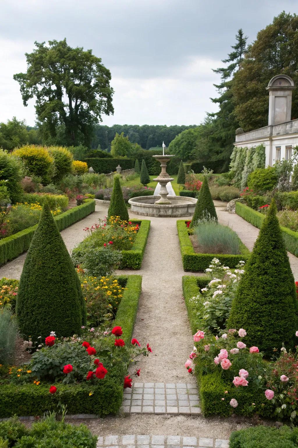 Symmetrical arrangements ensuring a harmonious design in a small garden.