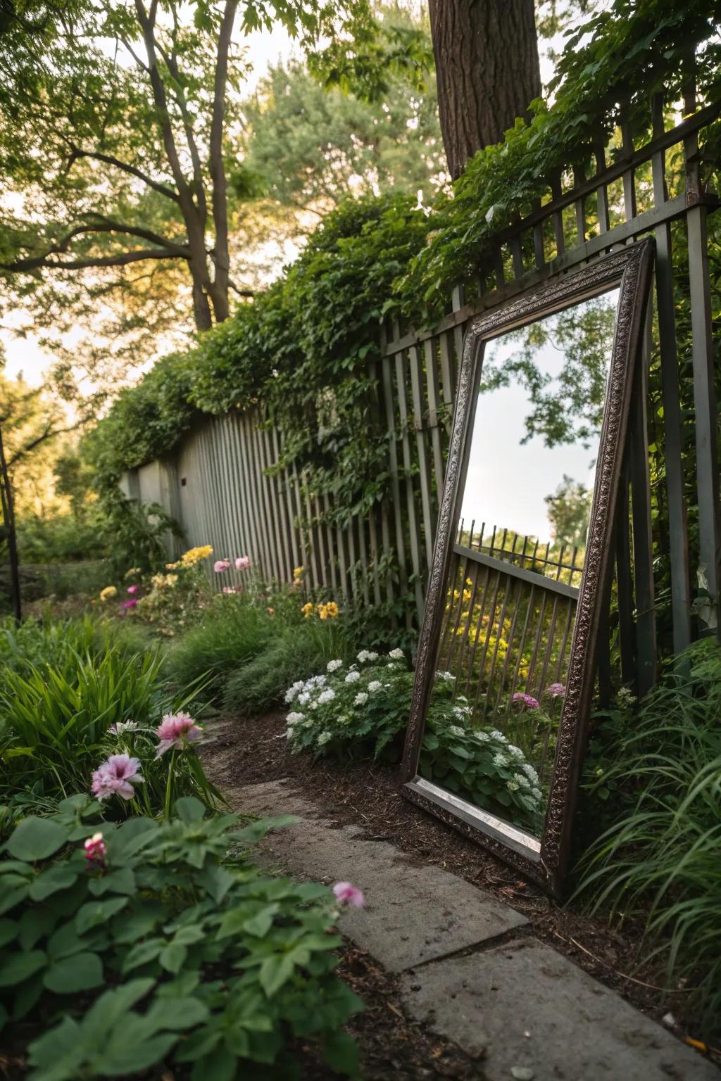 A strategically placed mirror creating the illusion of a more expansive garden.