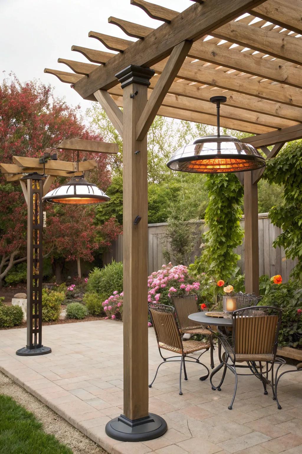 Overhead heaters provide even warmth across the patio.