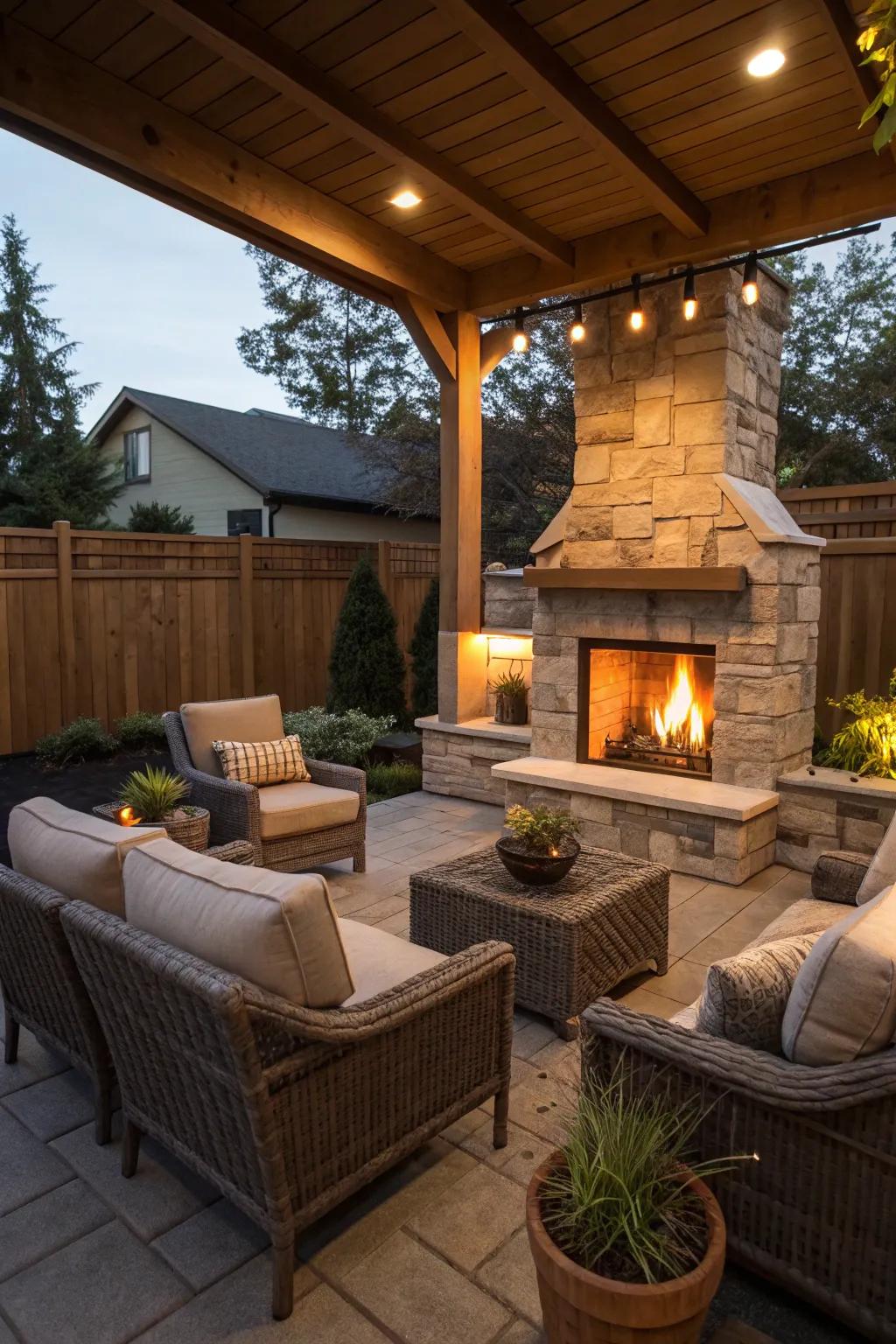 A built-in fireplace adds elegance and warmth.