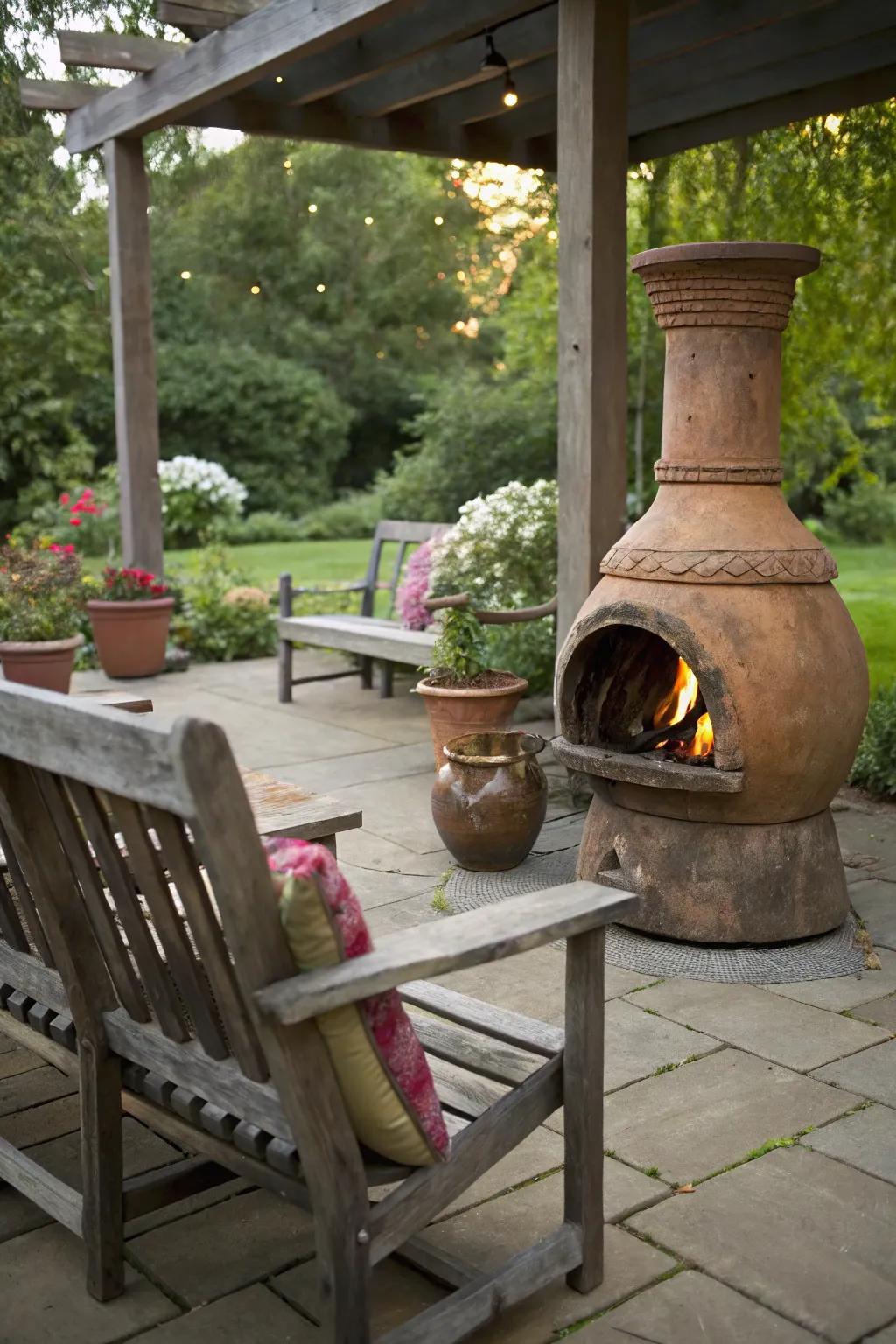 A chiminea adds warmth and rustic charm.