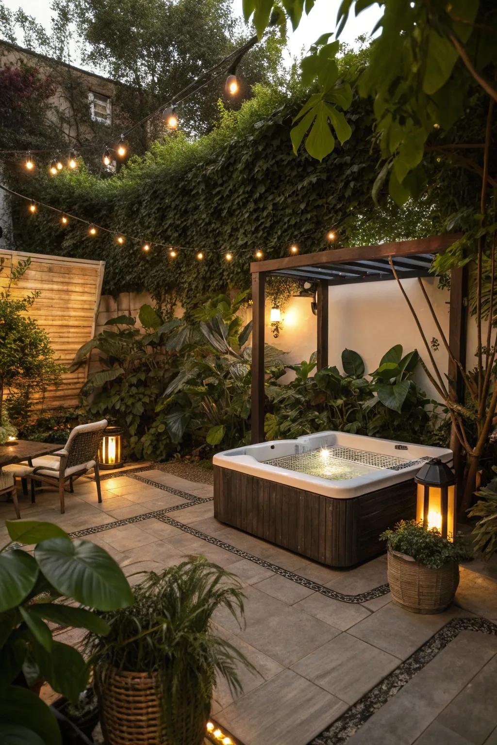 A hot tub adds a touch of luxury and warmth.