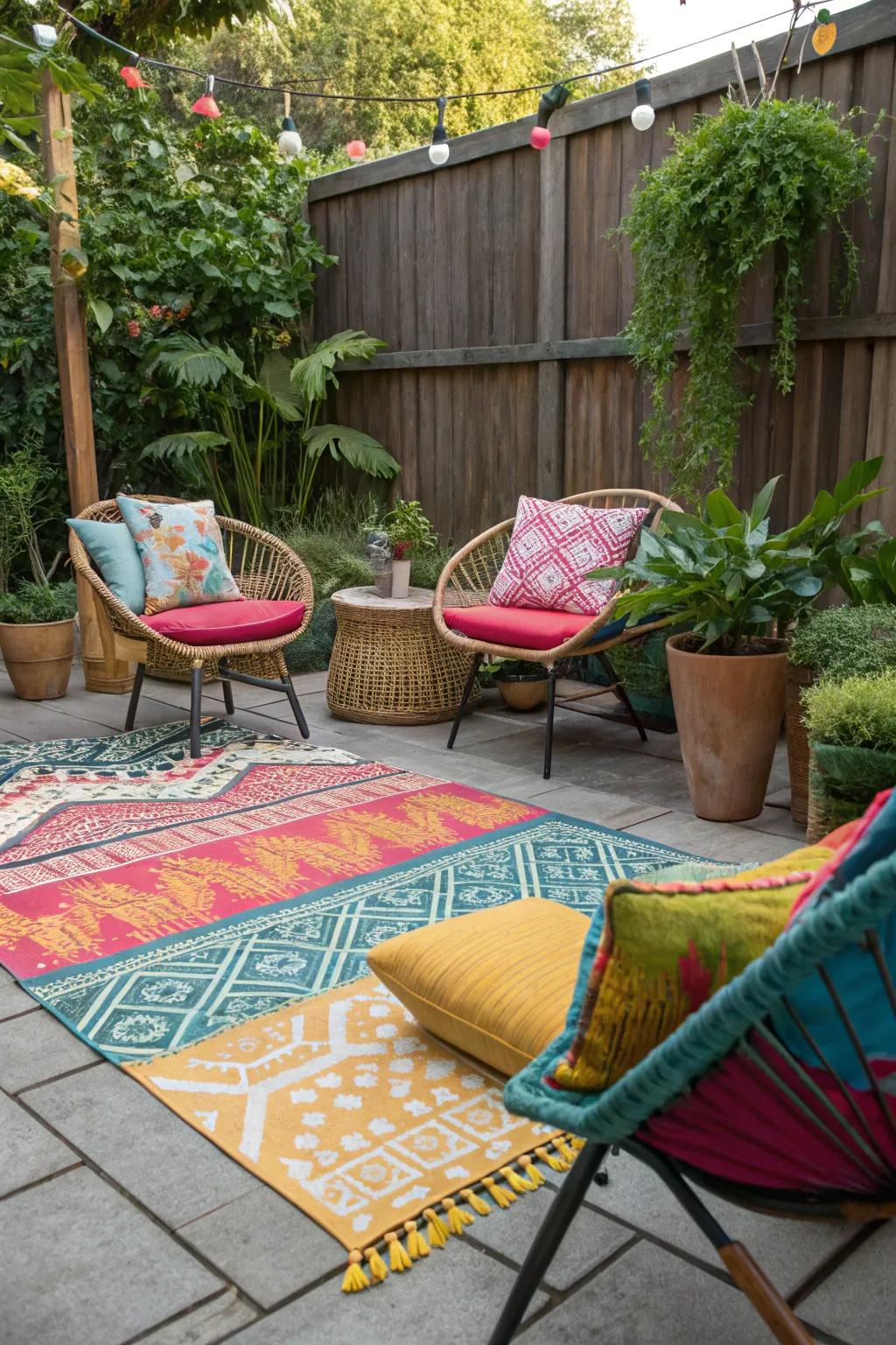 Outdoor rugs add warmth and style to patios.
