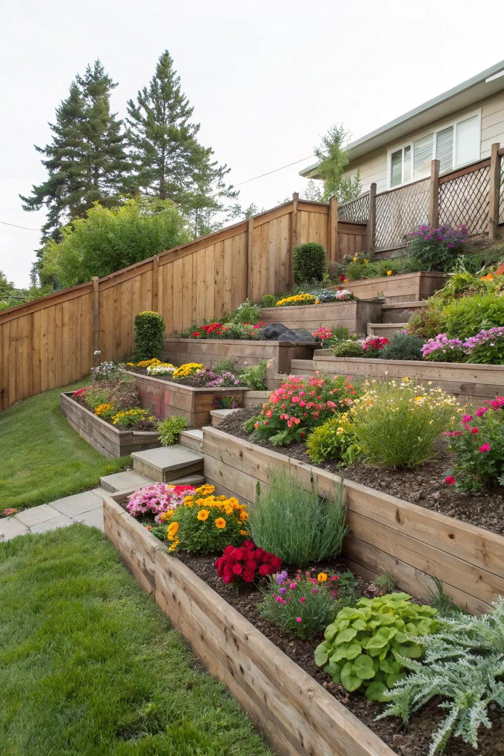 Layered beds create a vibrant garden tapestry.