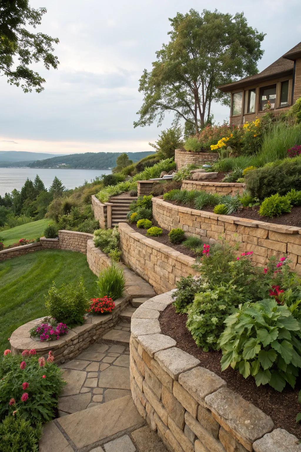 Terraced gardens transform slopes into layered beauty.