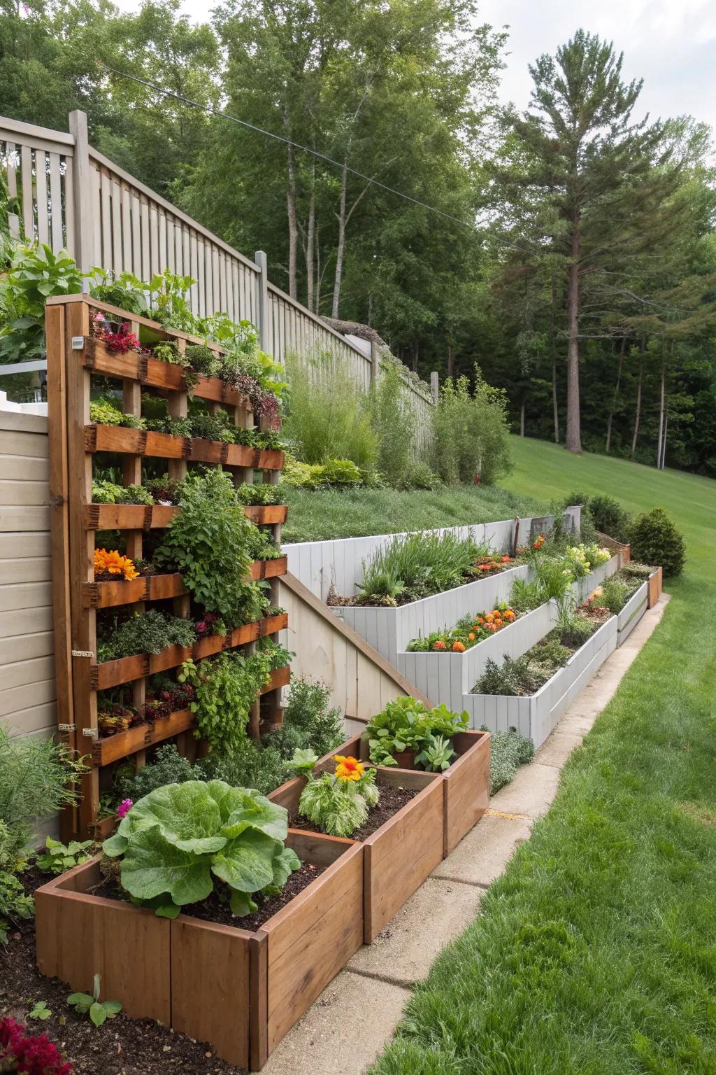 Vertical gardens maximize space for fresh produce.