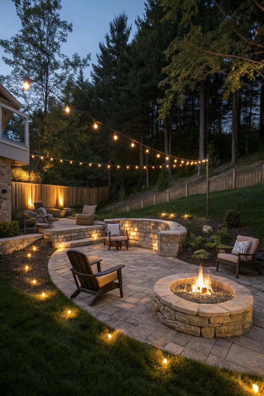 A fire pit creates a warm, inviting atmosphere.