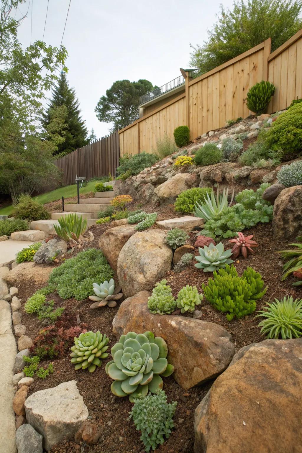 Rock gardens offer rugged beauty with low upkeep.