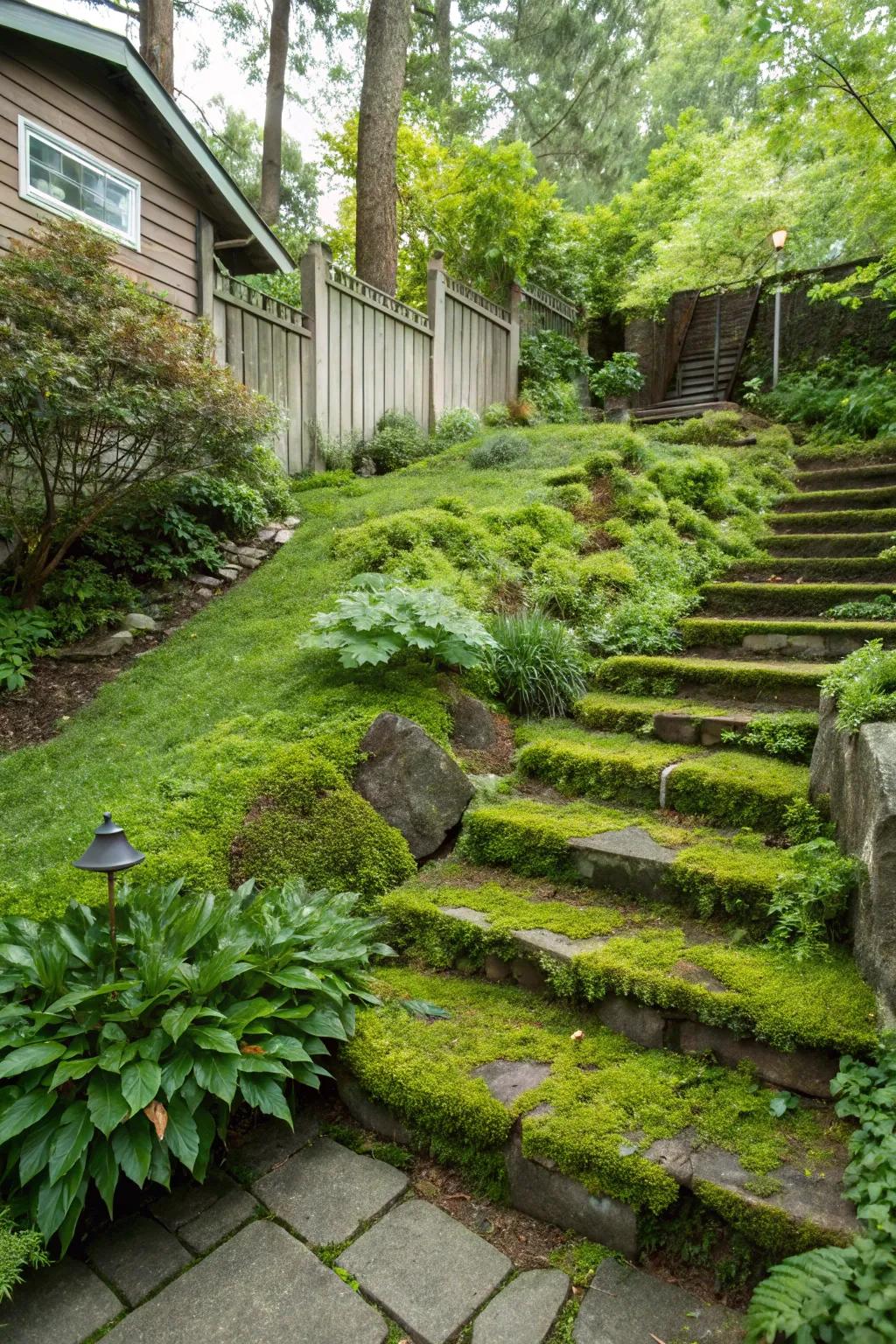 Mossy steps add a fairy-tale charm to your garden.
