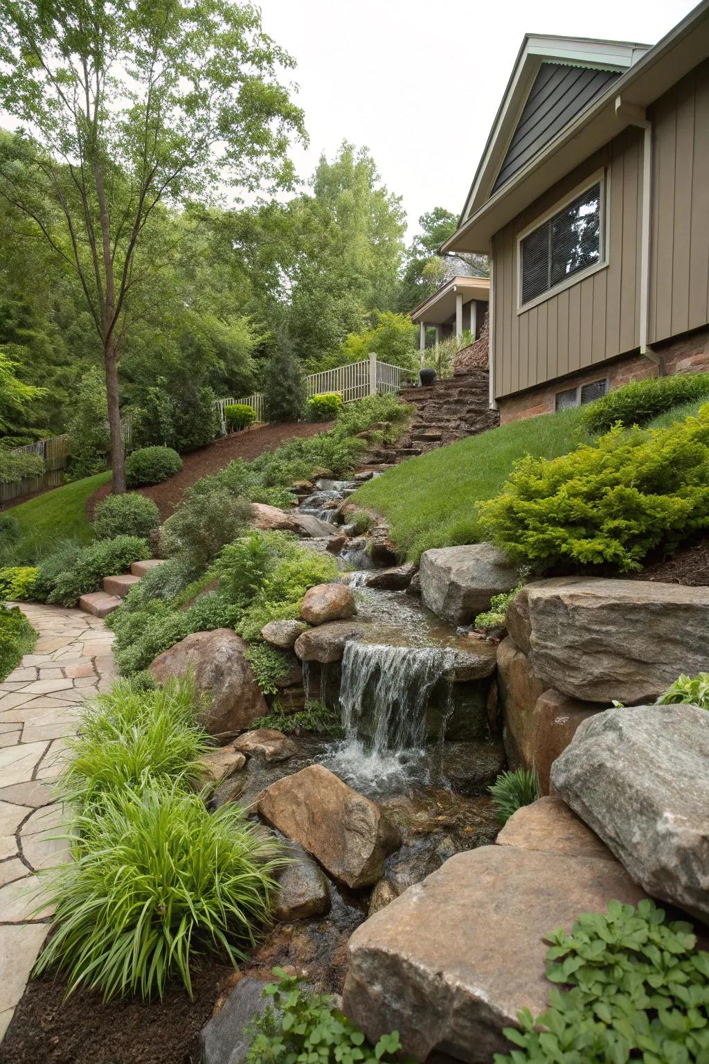 A waterfall adds tranquility to your slope.