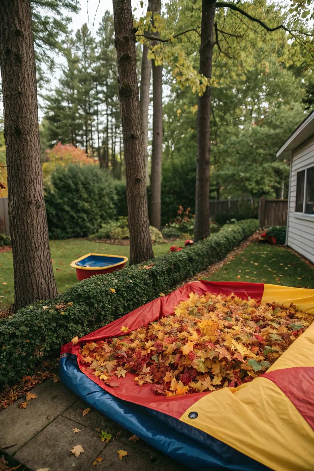 Simplify leaf collection with a trusty tarp in your autumn garden.