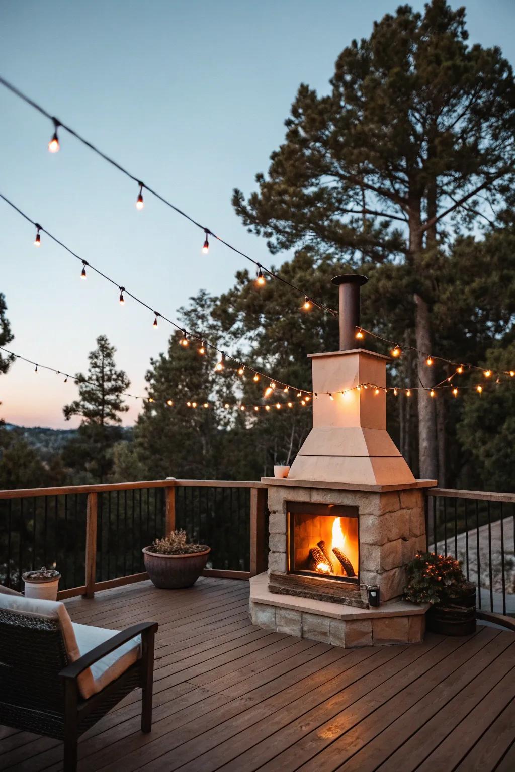 Ambient lighting enhances the fireplace's charm.
