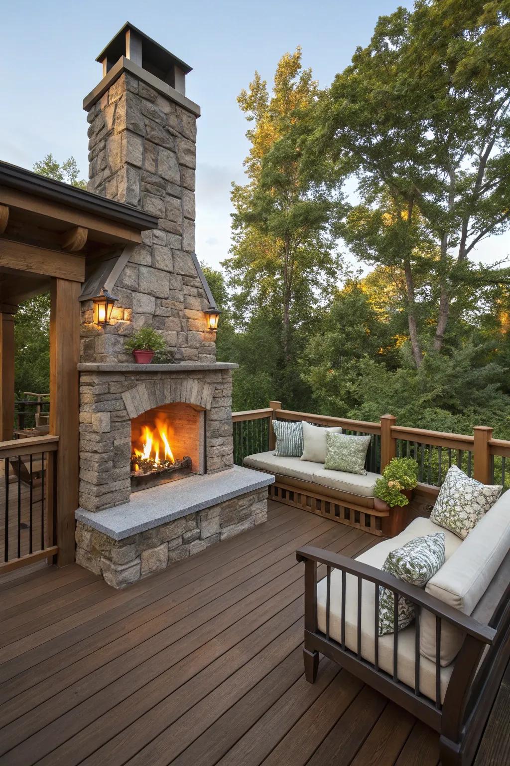 Built-in seating offers comfort around the fire.