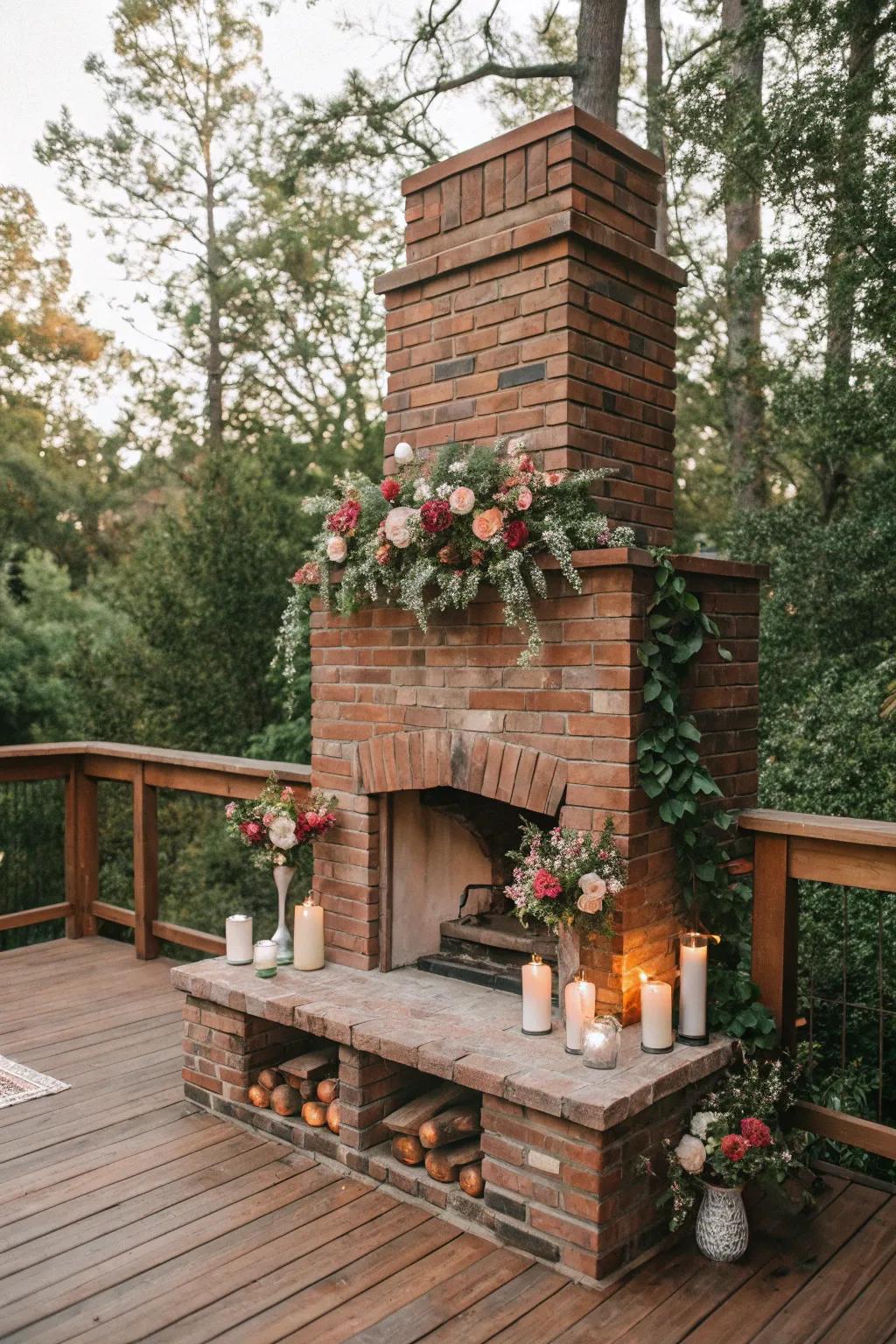 A brick fireplace with a mantel adds elegance.