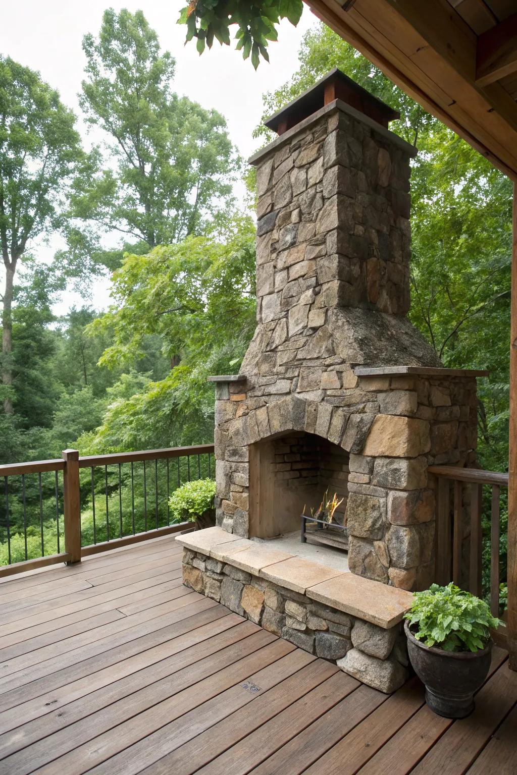 A rustic stone fireplace creates a charming focal point.