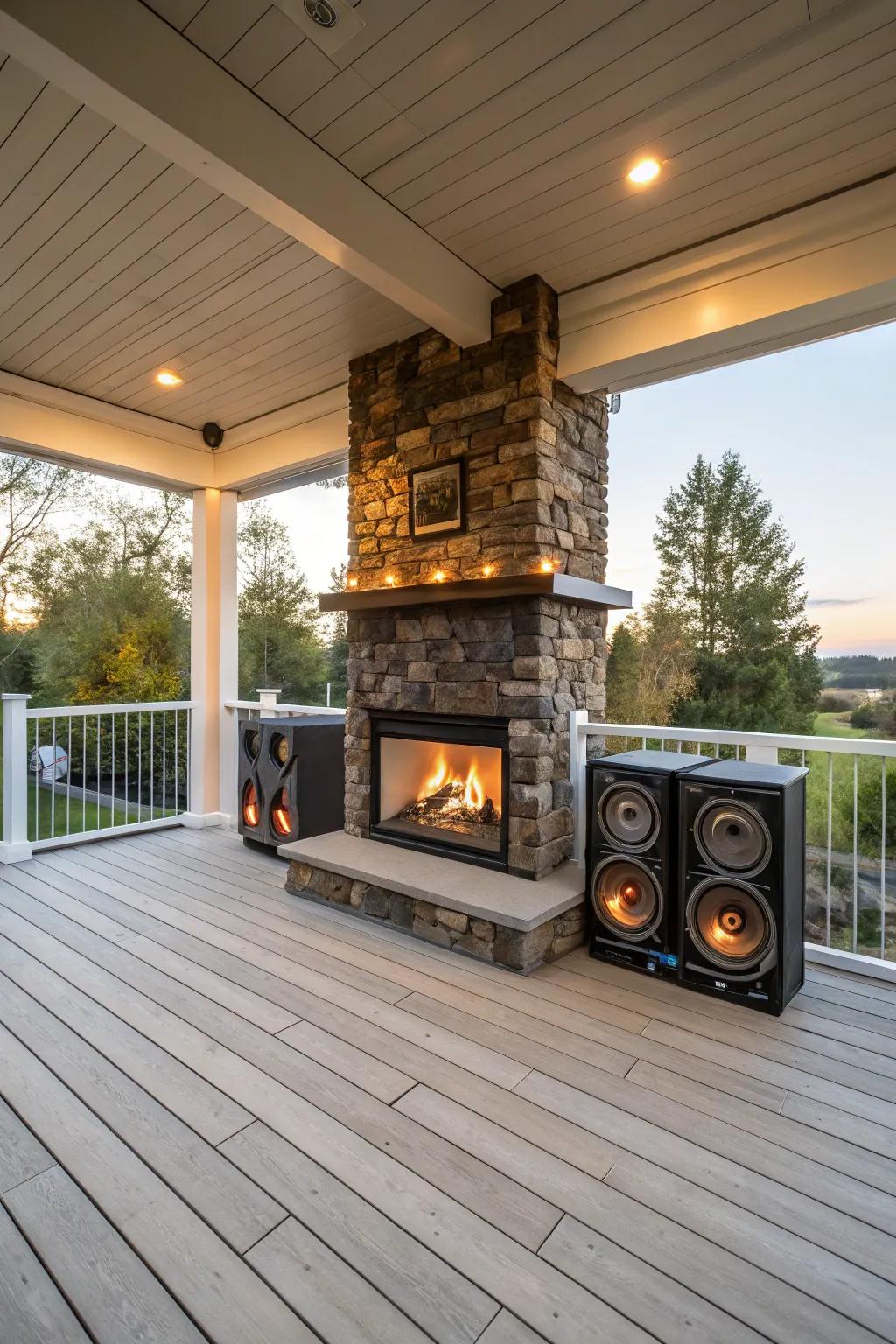 Surround sound elevates the fireplace experience.