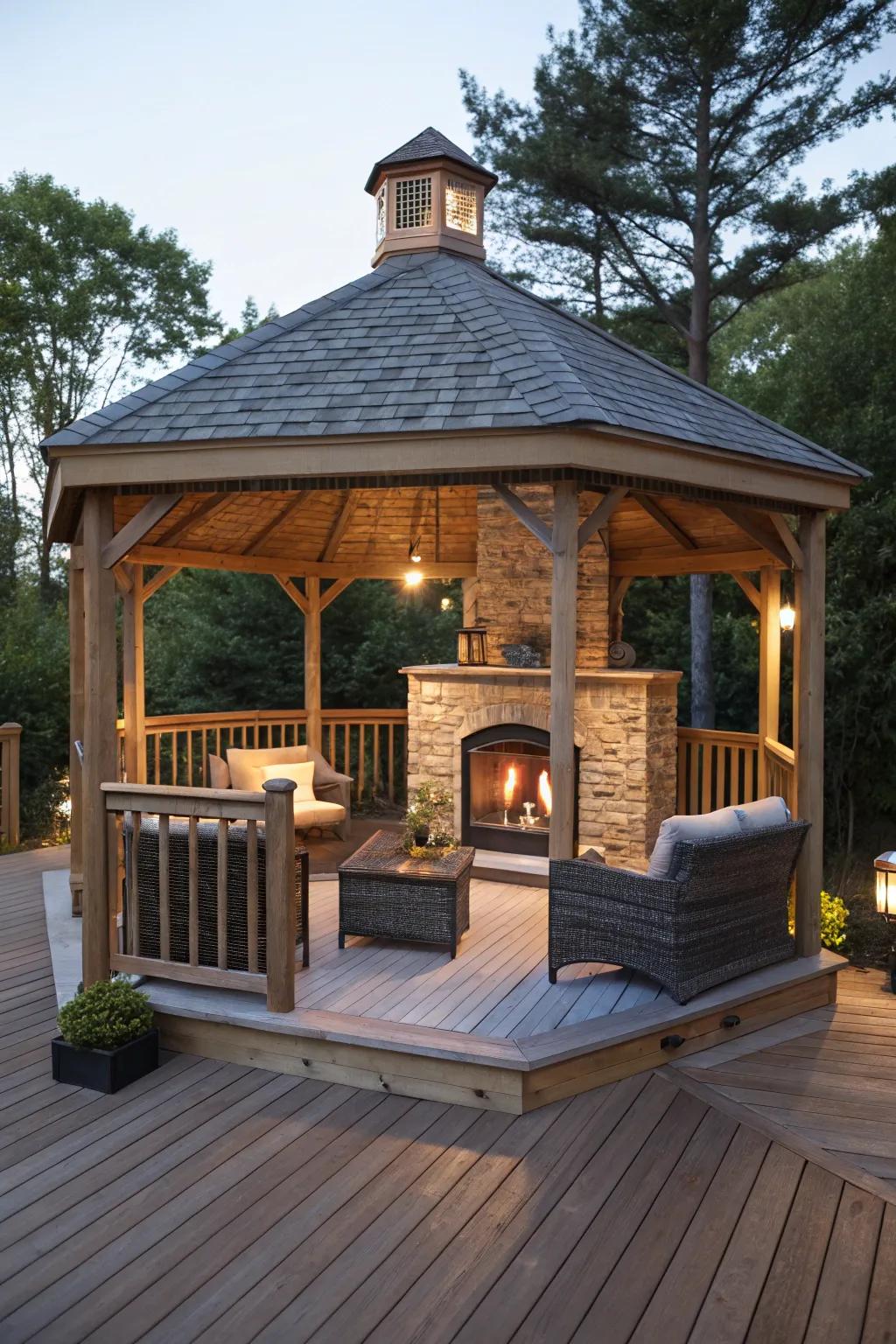A gazebo with a fireplace offers a sheltered retreat.