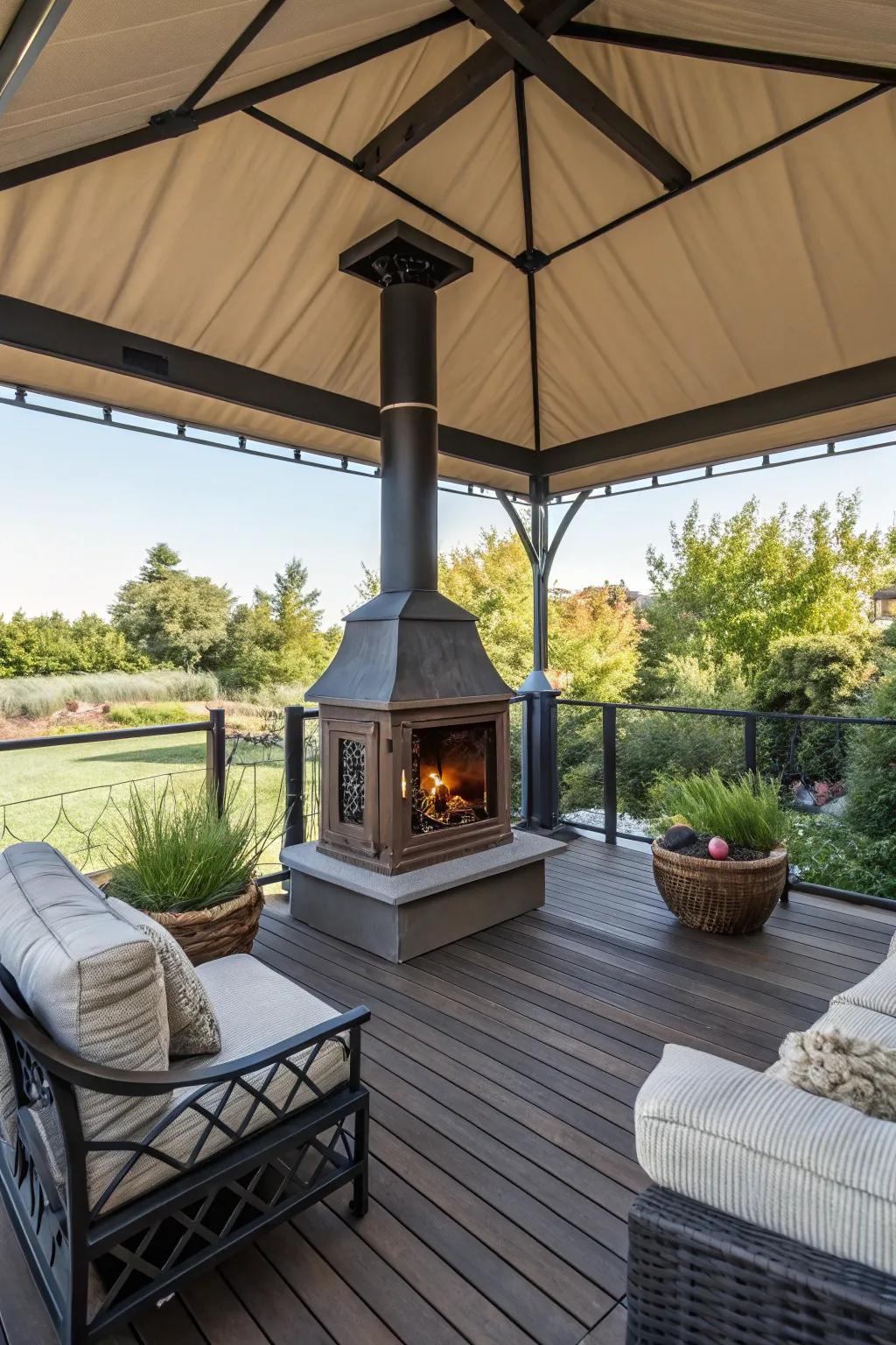 A canopy extends fireplace usability year-round.