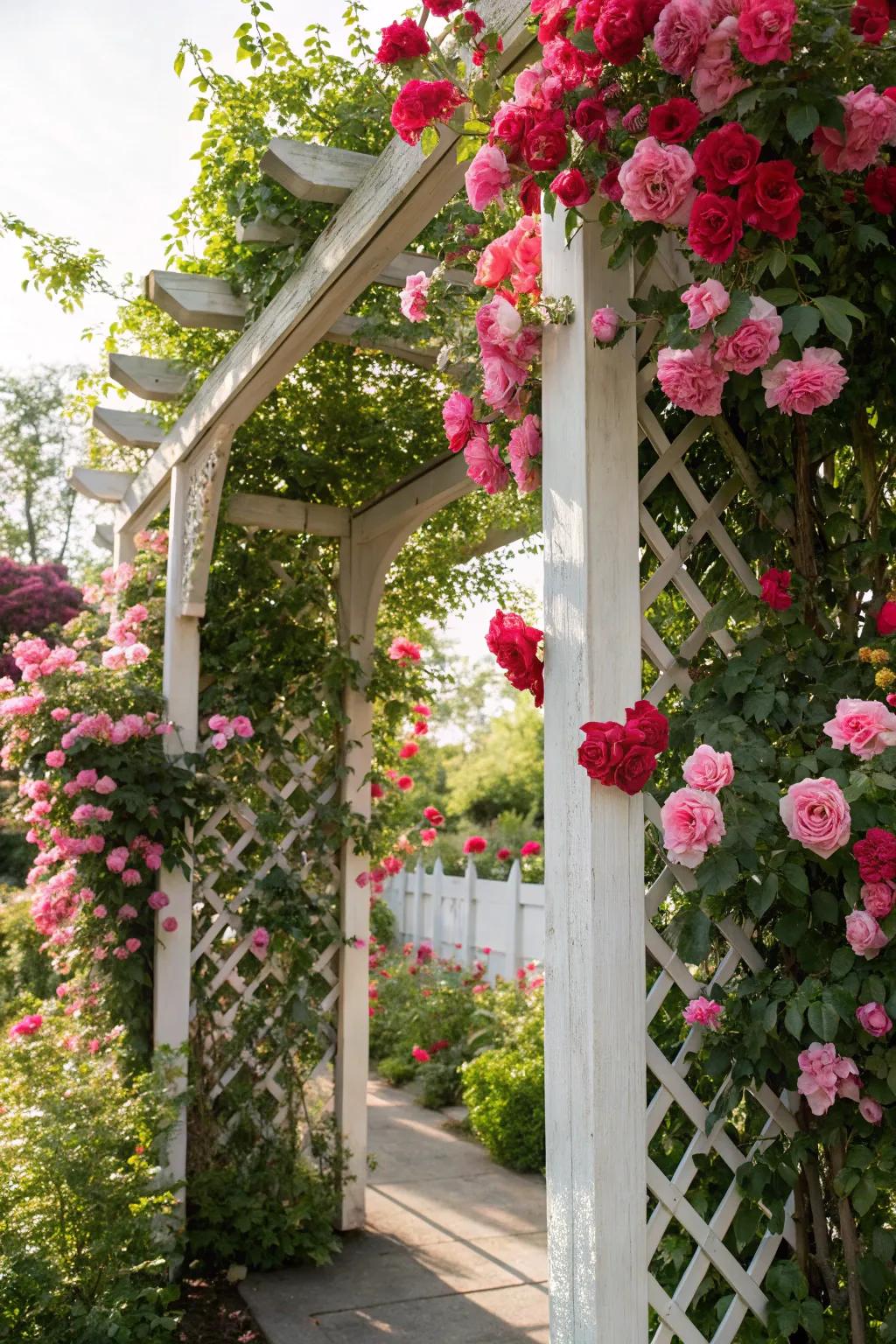 A trellis supports beautiful climbing plants.