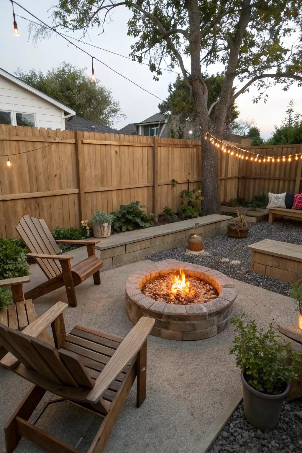 A fire pit creates a warm gathering place.