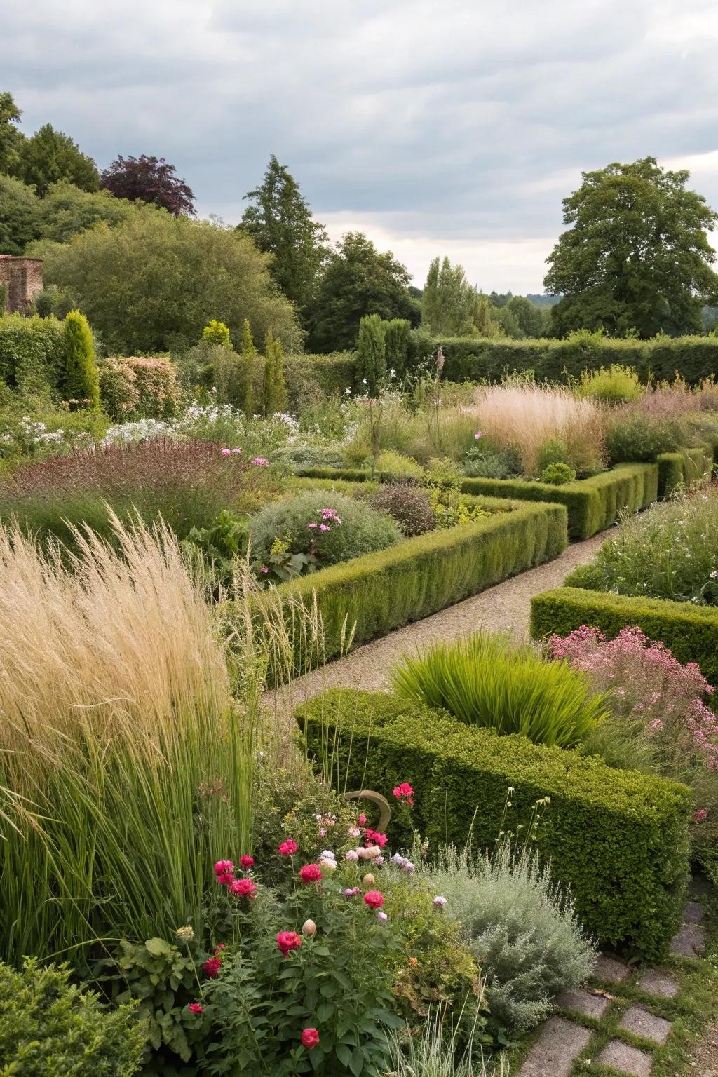 Zoning with plants enhances privacy and structure.