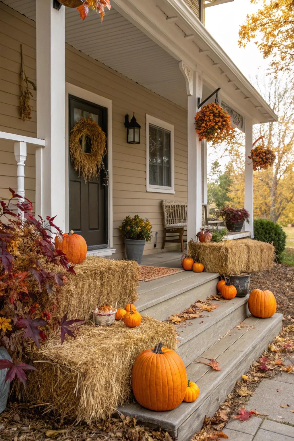 Hay bales provide height and a rustic touch to your porch.