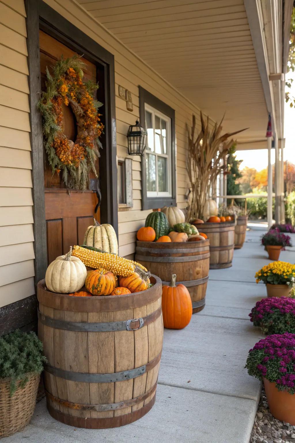 Barrels filled with autumn bounty create a harvest theme.