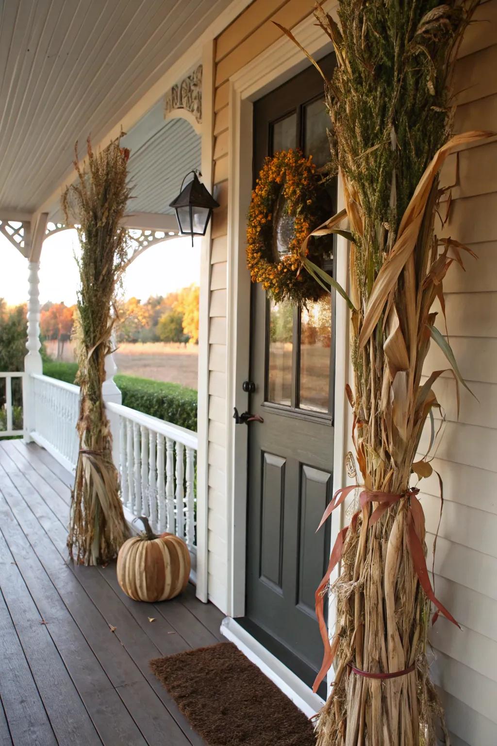 Corn stalks add rustic charm and height to your porch decor.