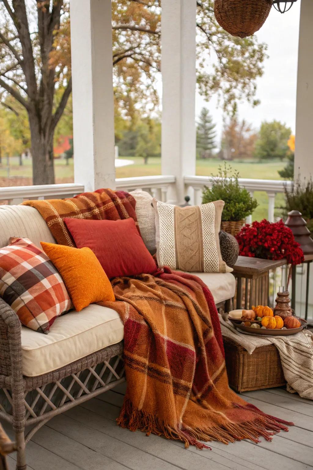 Layered textiles create a cozy and inviting seating area.