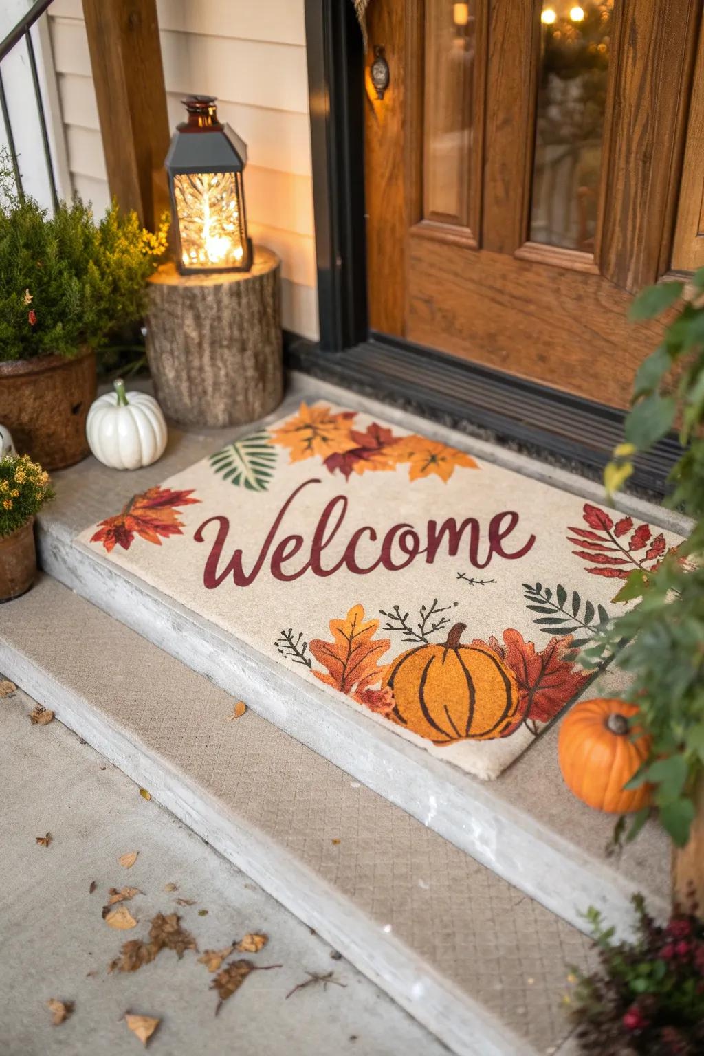 A seasonal doormat makes a stylish and functional statement.