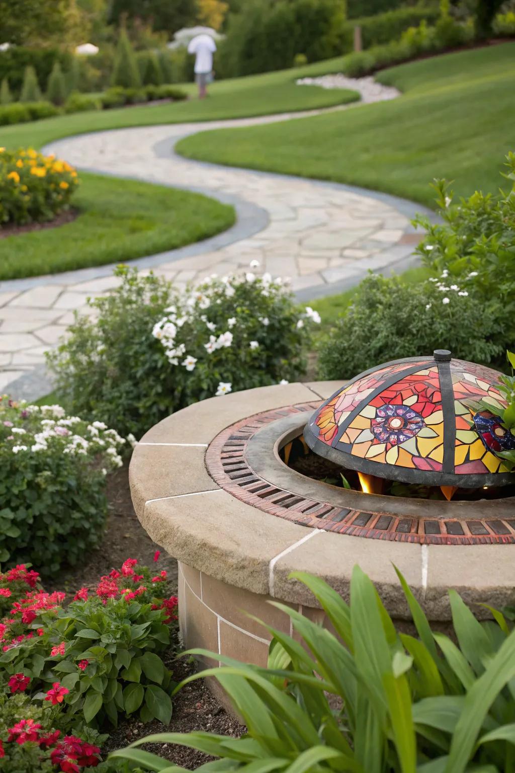 Tile mosaics can turn your fire pit into a colorful centerpiece.
