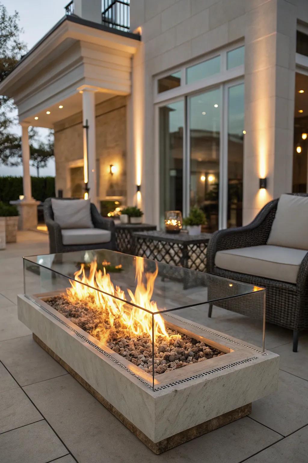 A glass top provides a stunning view of the flames.