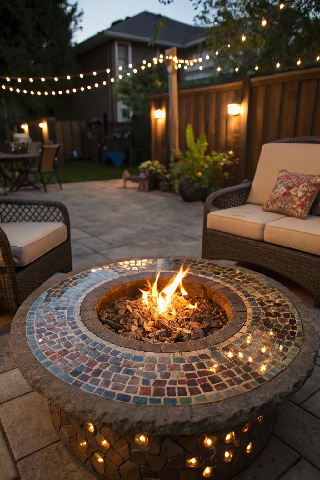 A mosaic glass cap adds whimsy and sparkle to your fire pit.