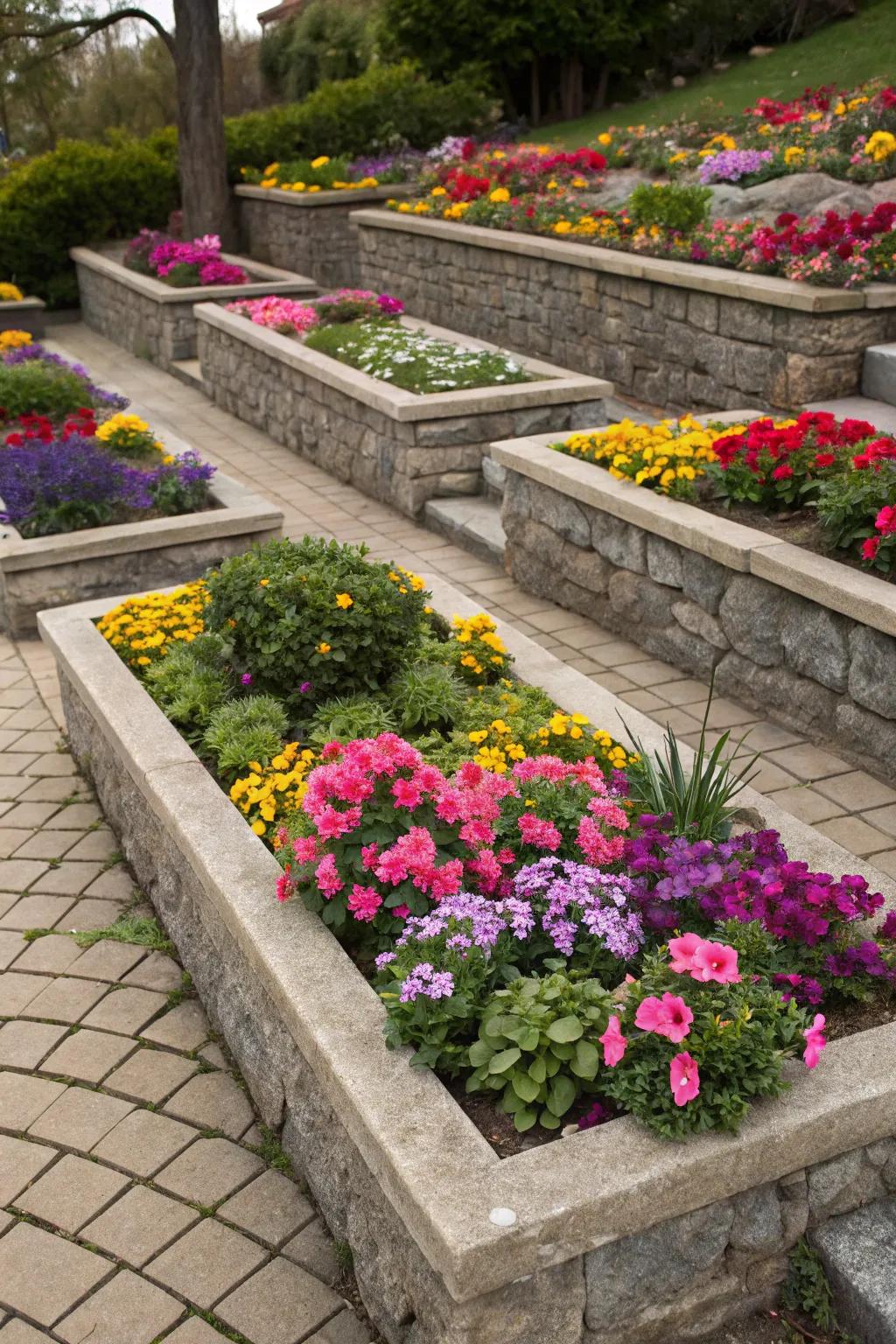 Raised stone beds provide an elegant frame for vibrant blooms.