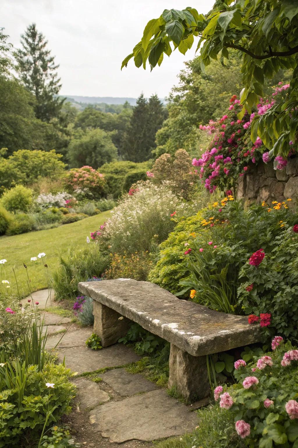 Stone benches provide a charming and practical seating option.