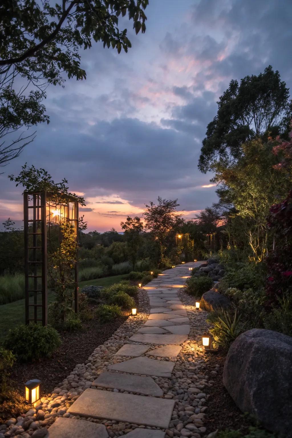 Integrated stone lighting enhances evening garden aesthetics.