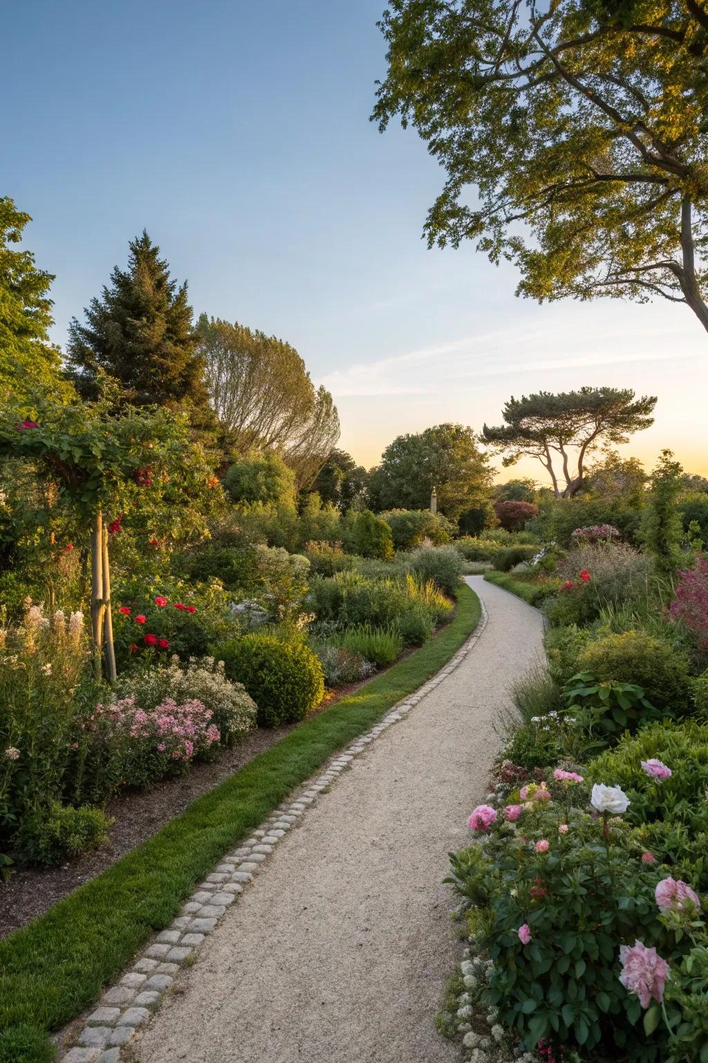 Gravel pathways provide a rustic and inviting route through gardens.