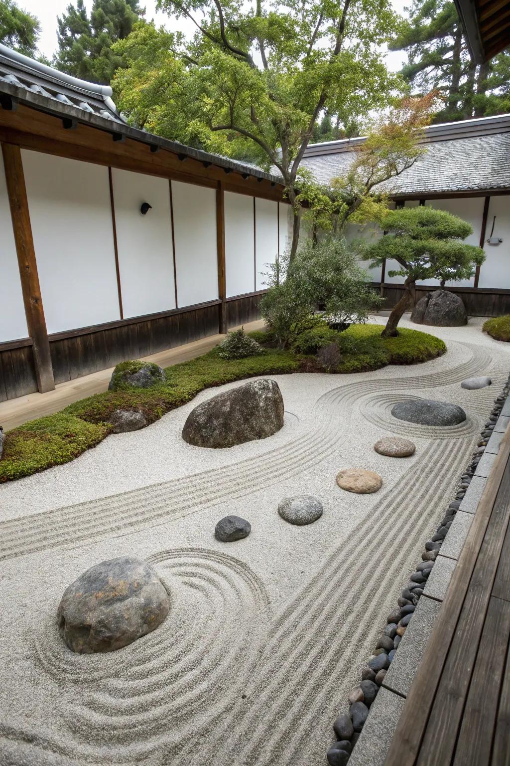 Zen stone gardens offer tranquility and simplicity in design.
